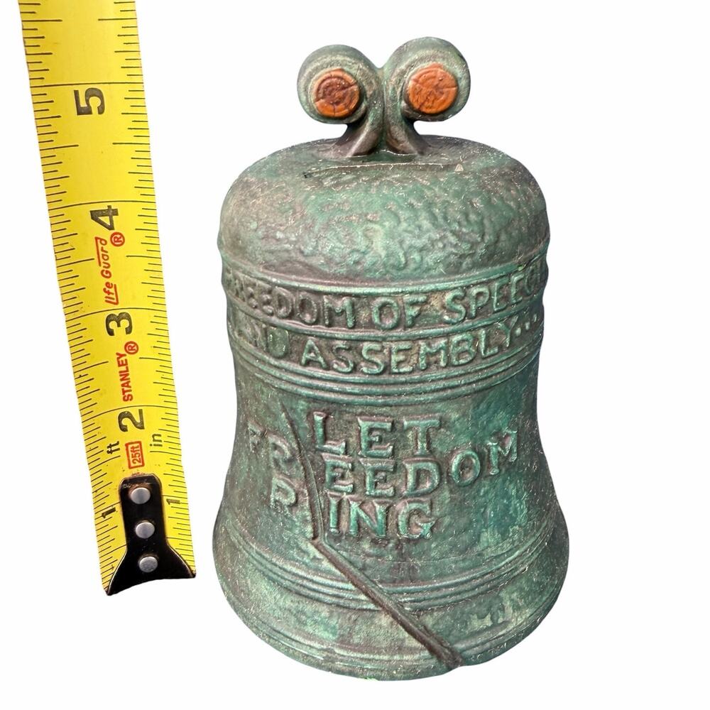 Vintage Liberty Bell Still Bank Ceramic Coin Bank Faux Green Patina READ